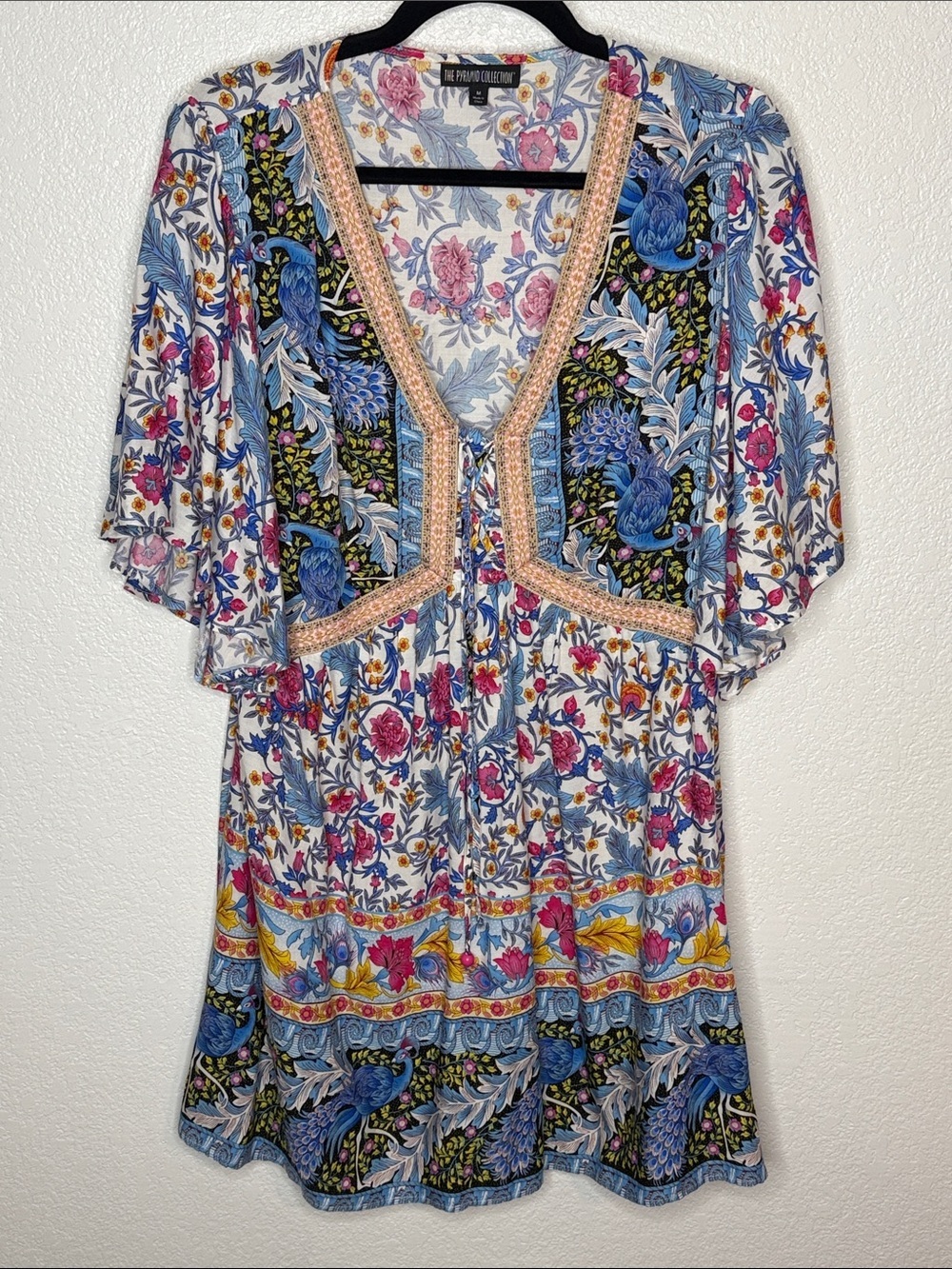 The Pyramid Collection Multi Color Peacock Floral Boho Mini Dress Size Medium